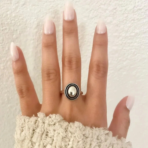 925 Sterling Silver Oval Ring Vintage Ring Geometric Round Circle Ring - Picture 3 of 9